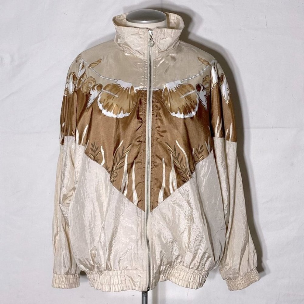 Vintage 90s Lavon Petites Beige Beach Theme Windbreaker Light Jacket MP Coastal